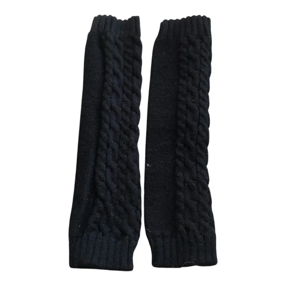 Arm Warmers Fingerless Gloves Ribbed And Cable Knit Sleeve Thumbhole Black 2 Pr